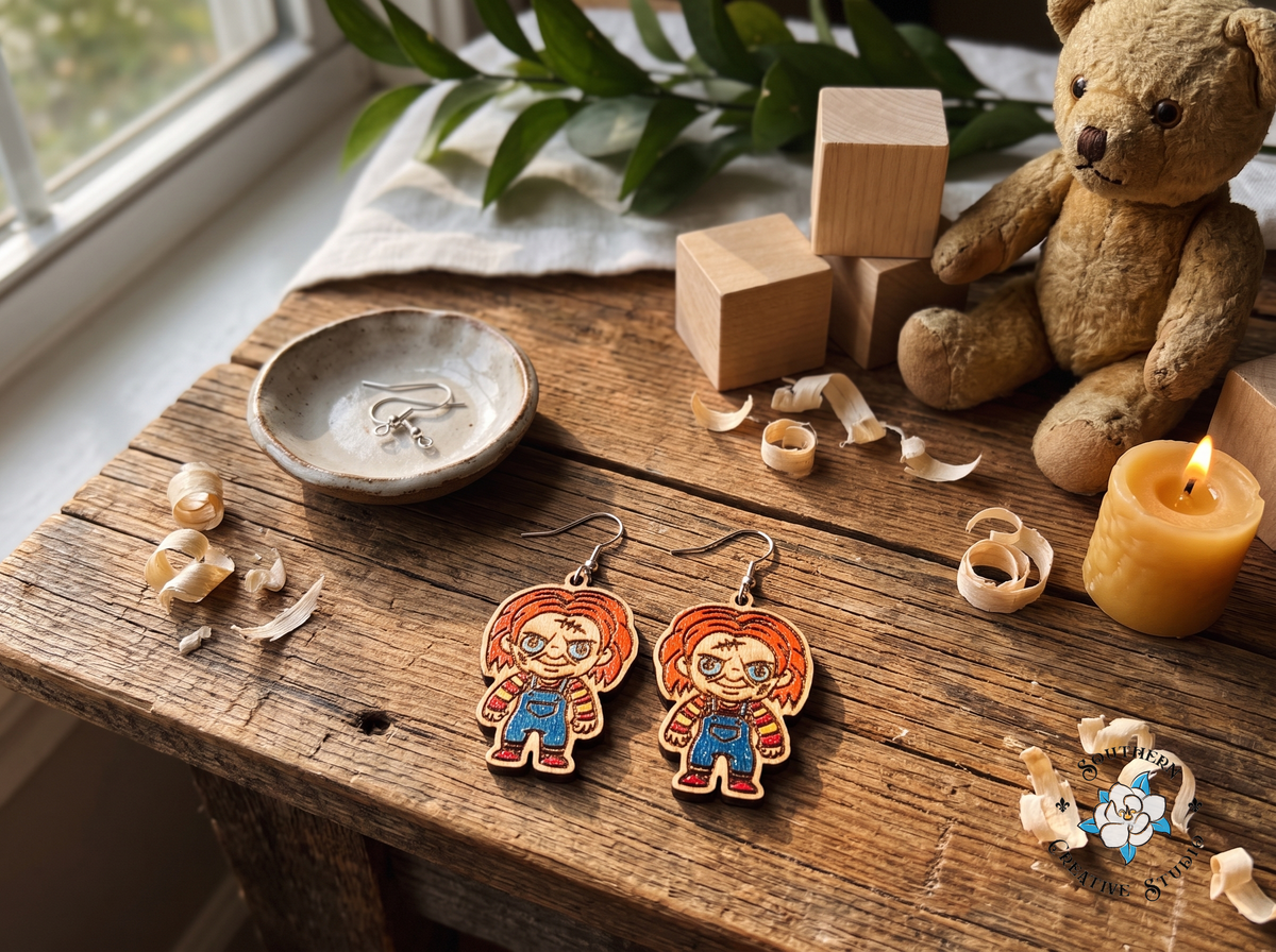 Killer doll earrings on rustic wood table with teddy bear, toy blocks and candle