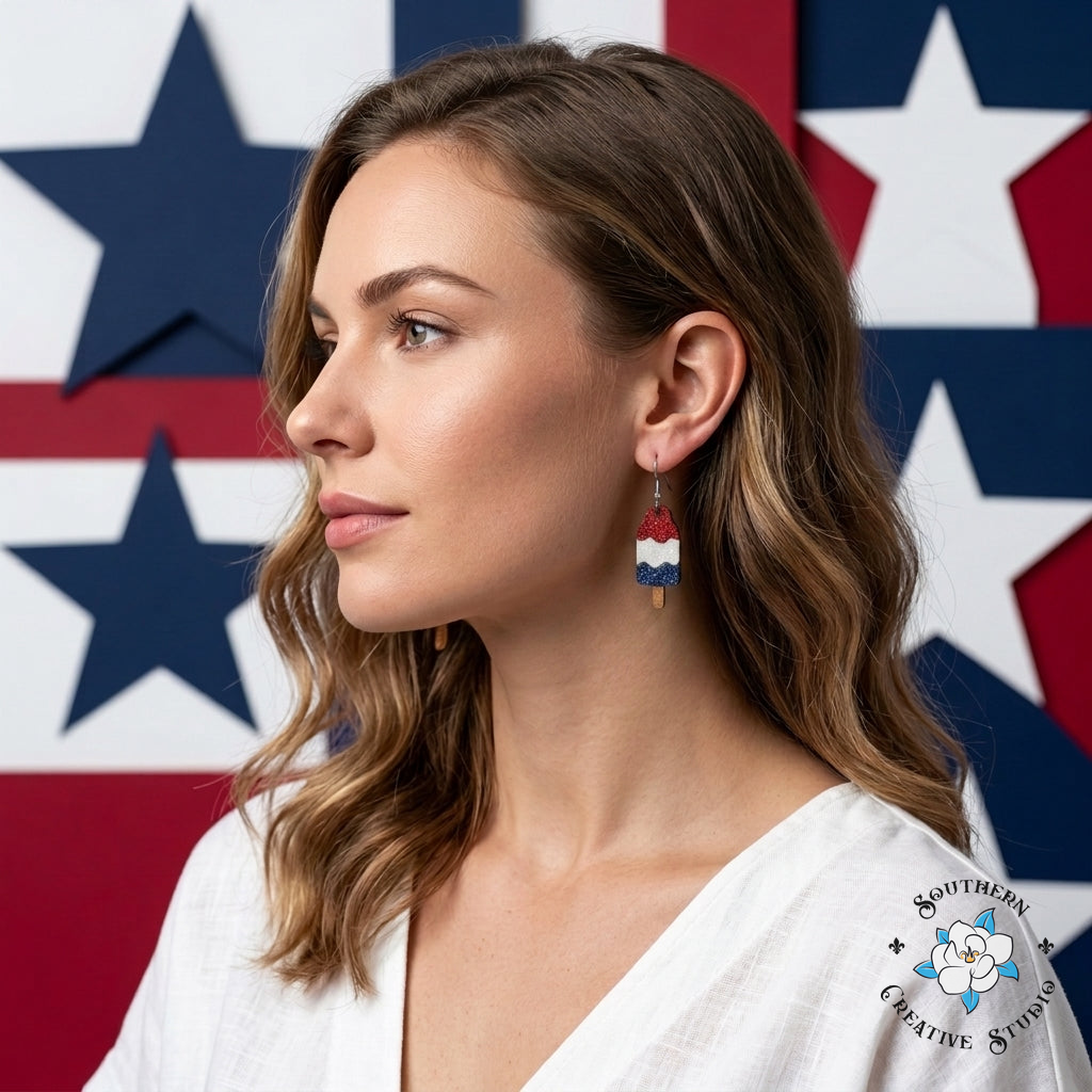 Bomb Pop Popsicle Earrings on model – handmade statement jewelry