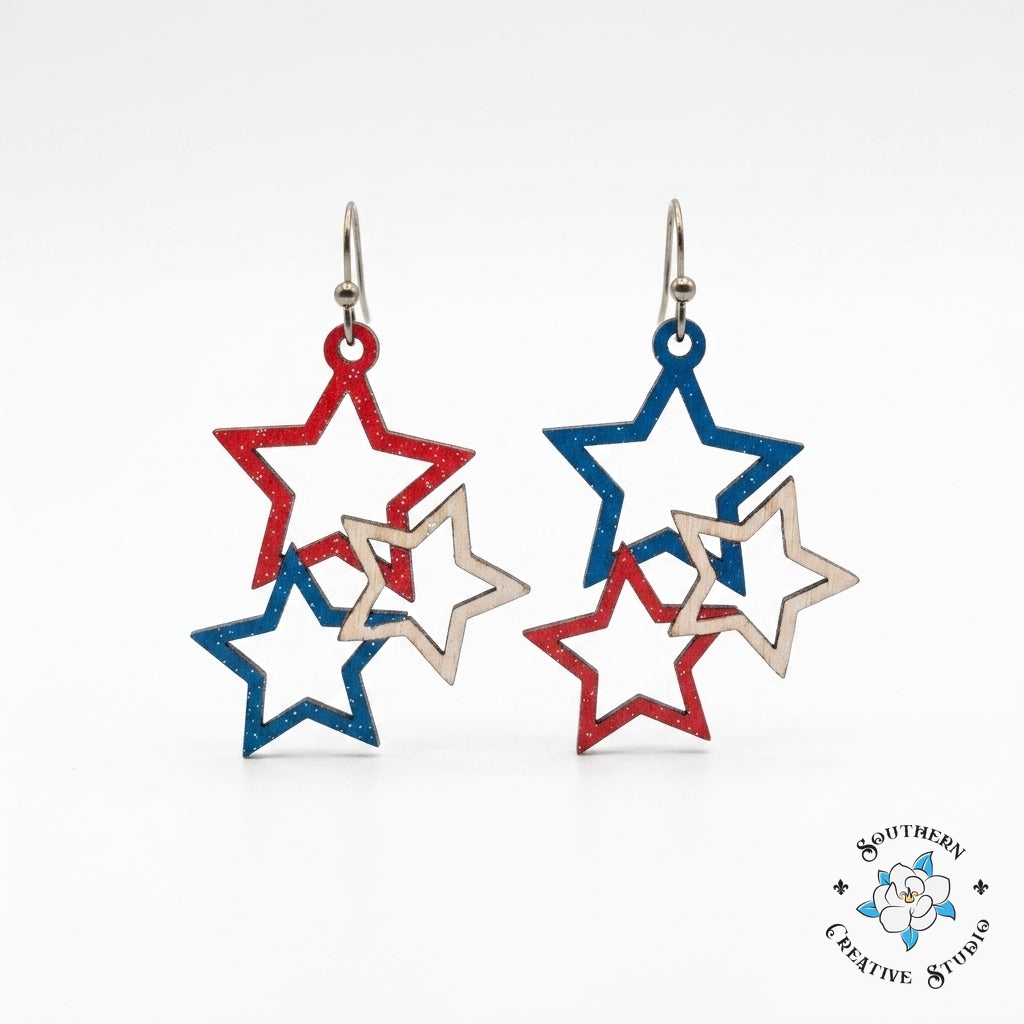Red White & Blue Star Cluster Earrings hand-painted wood – Southern Creative Studio product shot
