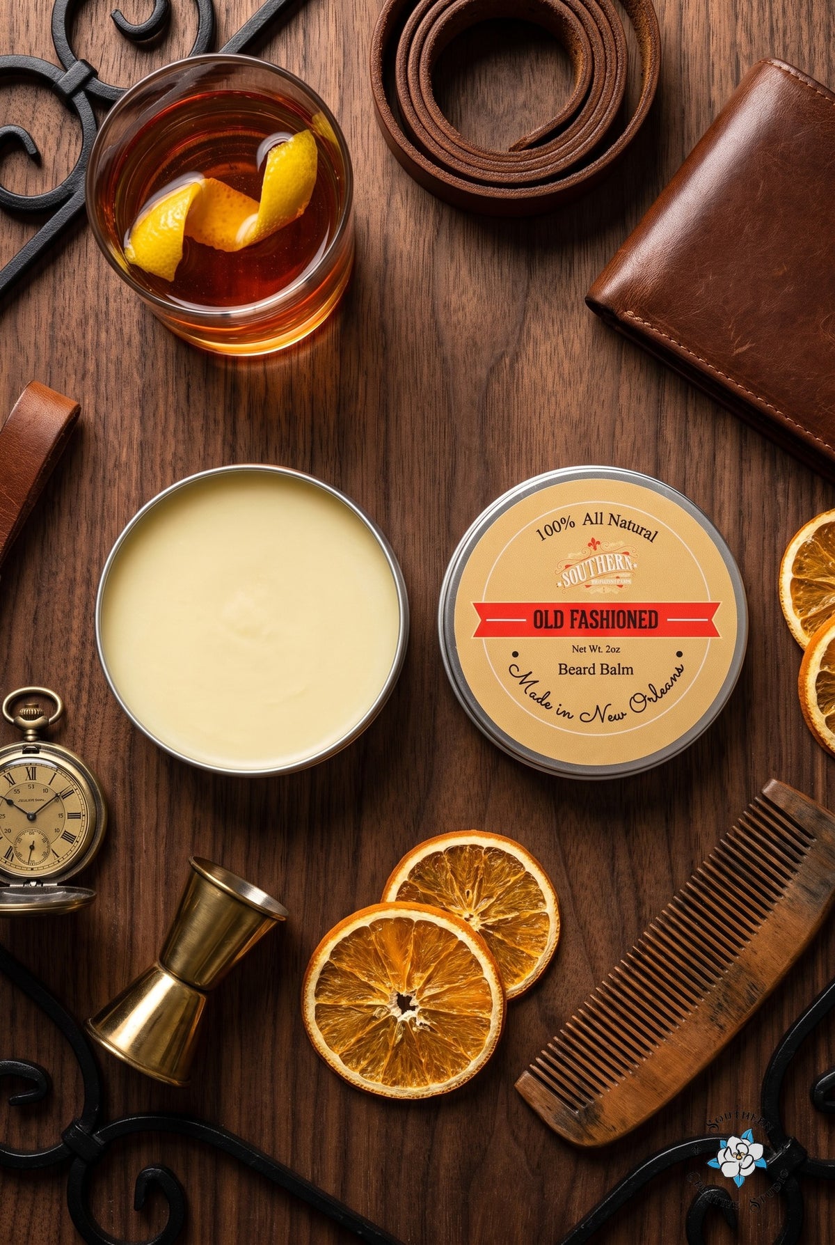 Old Fashioned beard balm flat lay, open tin and lid with a French Quarter courtyard bar with a Sazerac-style cocktail and gas lantern