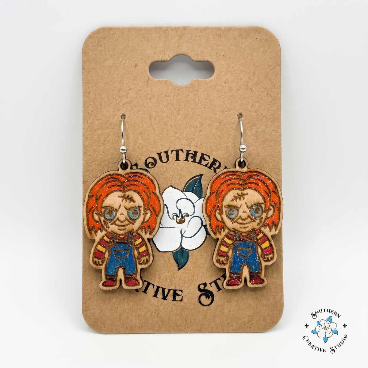 Killer doll earrings on Southern Creative Studio magnolia hang card