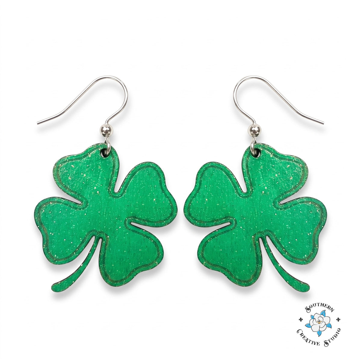 St. Patrick's large simple four leaf clover earrings on white
