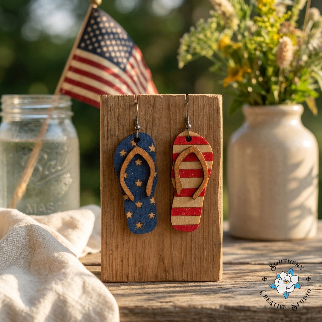 USA Flip Flop Earrings flat lay – patriotic beach jewelry