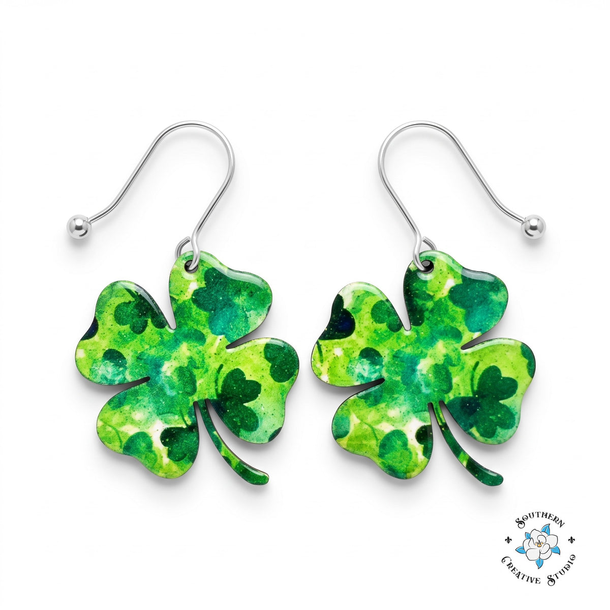 St. Patrick's large marbled four leaf clover earrings on white