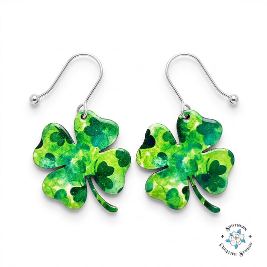 St. Patrick's large marbled four leaf clover earrings on white