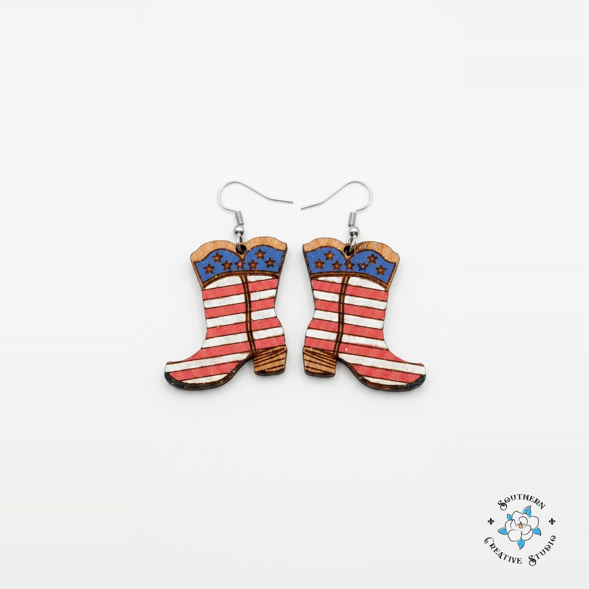 American Flag Cowboy Boot Earrings hand-painted wood earrings on white background – Southern Creative Studio