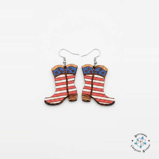 American Flag Cowboy Boot Earrings hand-painted wood earrings on white background – Southern Creative Studio