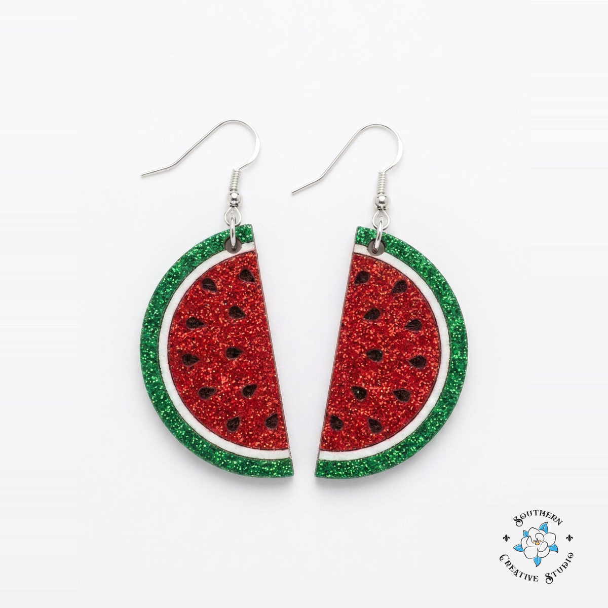 Watermelon Slice Earrings hand-painted wood earrings on white background – Southern Creative Studio
