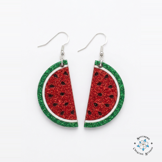 Watermelon Slice Earrings hand-painted wood earrings on white background – Southern Creative Studio