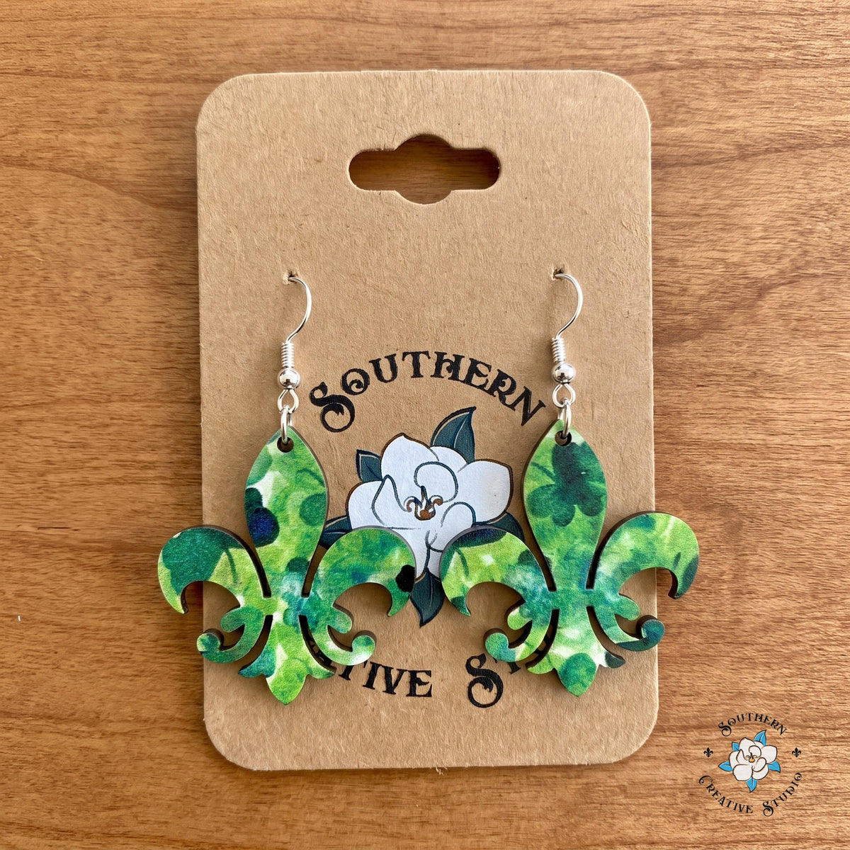 Fleur-de-lis clover earrings on a Southern Creative Studio earring card