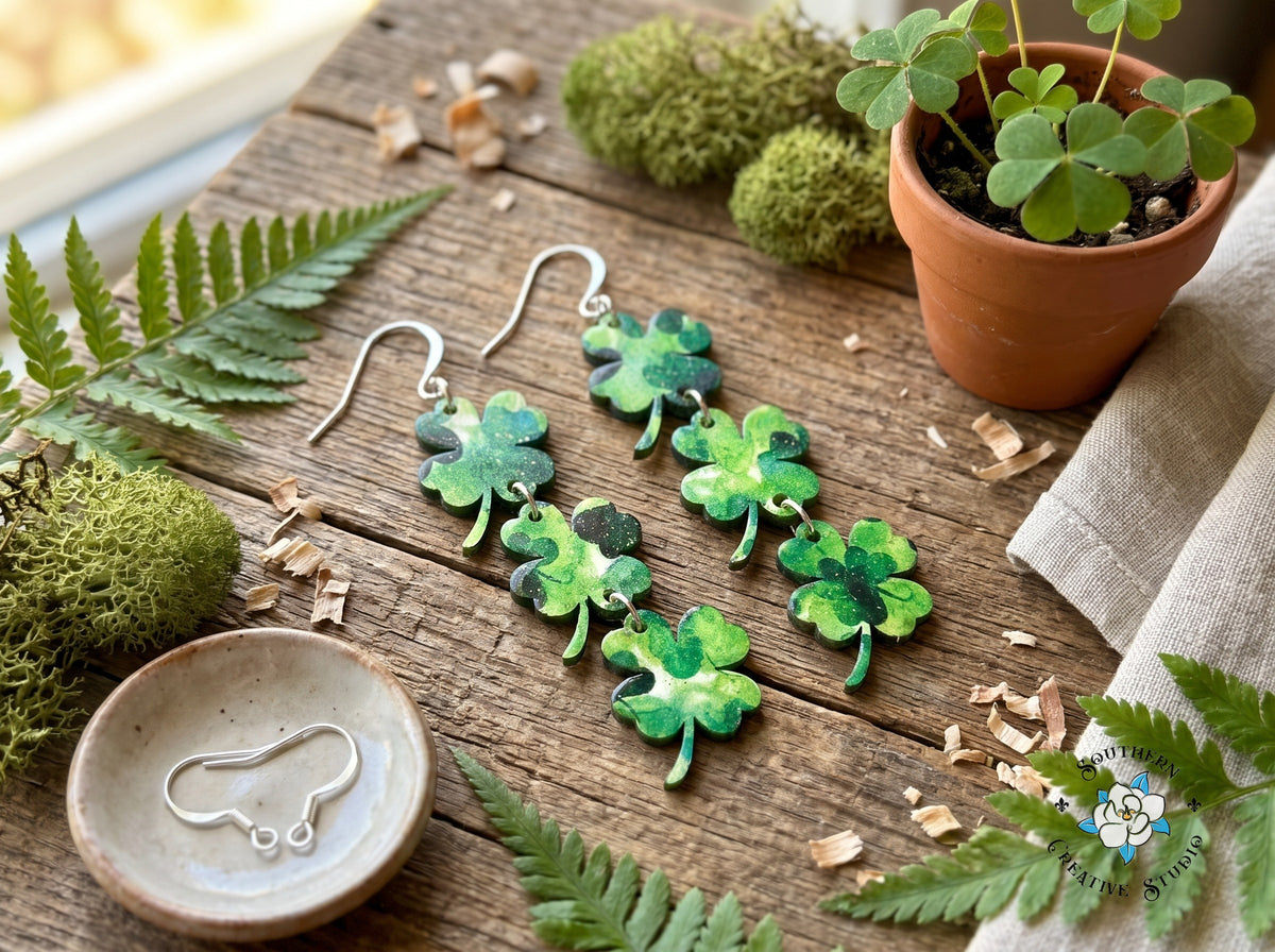 Long four leaf clover dangle earrings styled with ferns, moss and shamrocks