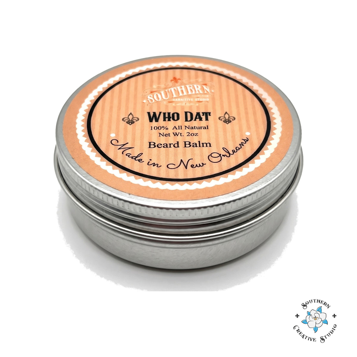 WhoDat beard balm 2 oz tin with lid on, white background
