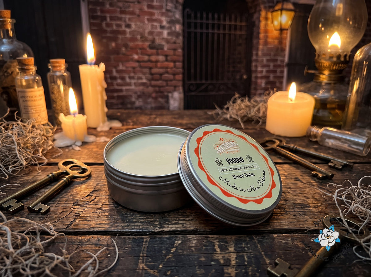 Voodoo beard balm close-up, open tin with leaning lid and a candle-lit French Quarter apothecary with skeleton keys and Spanish moss