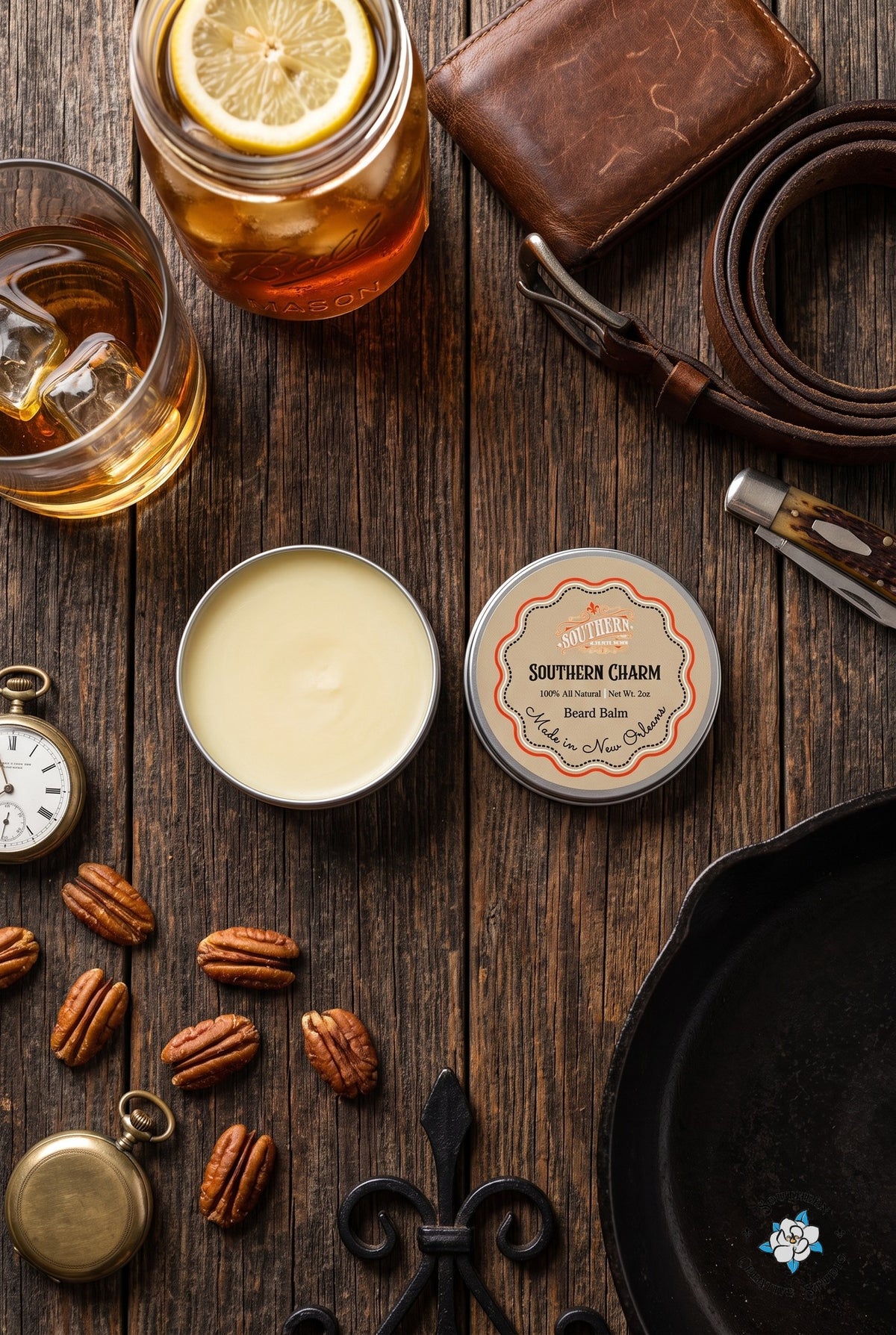 Southern Charm beard balm flat lay, open tin and lid with bourbon, leather wallet, pocketknife and pecans on dark wood