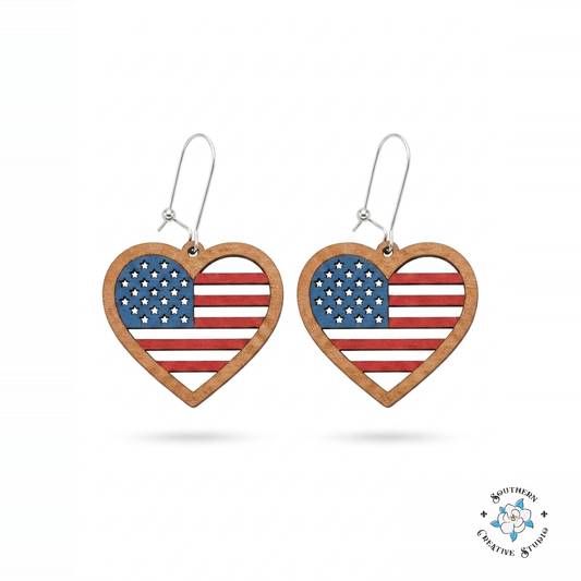 American Flag Heart Dangle Earrings hand-painted wood earrings on white background – Southern Creative Studio