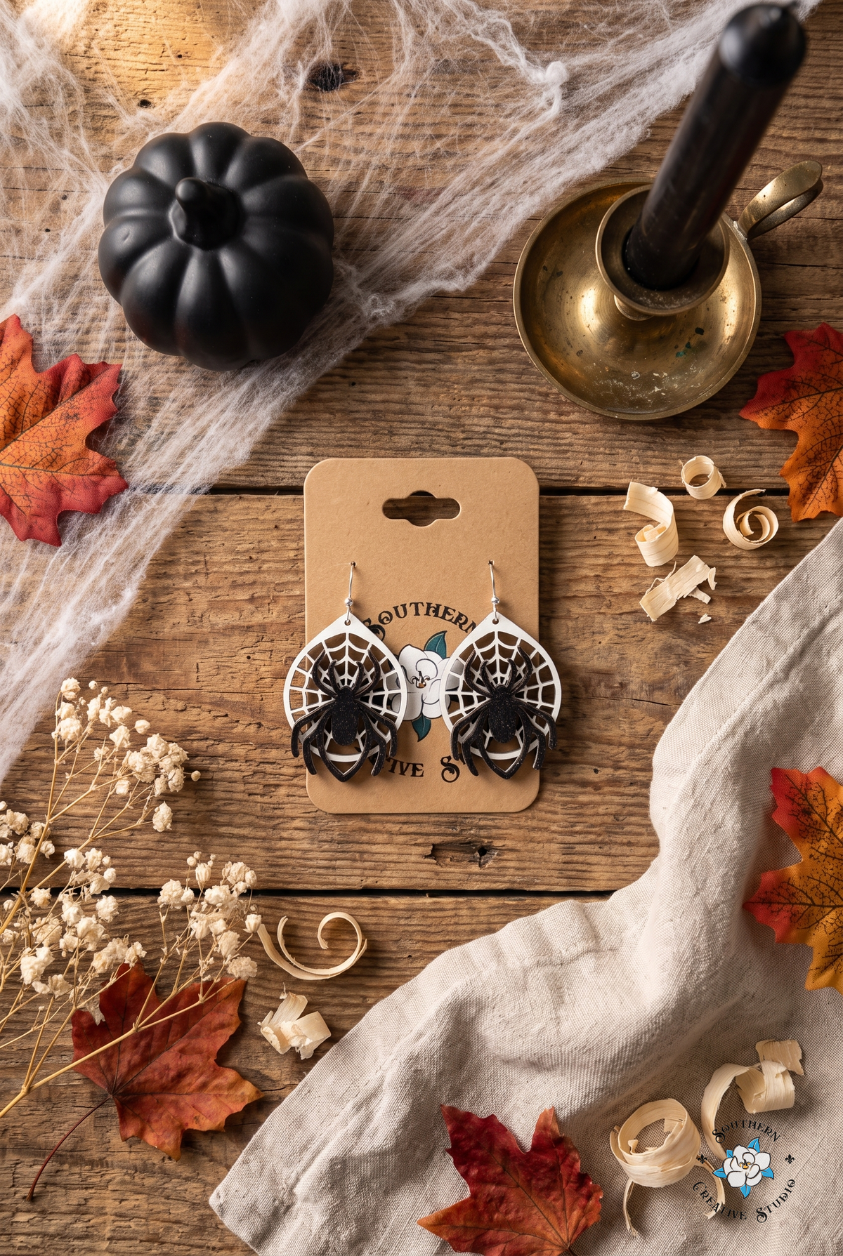 Spider web earrings on card flat lay with cobweb, black pumpkin and candle