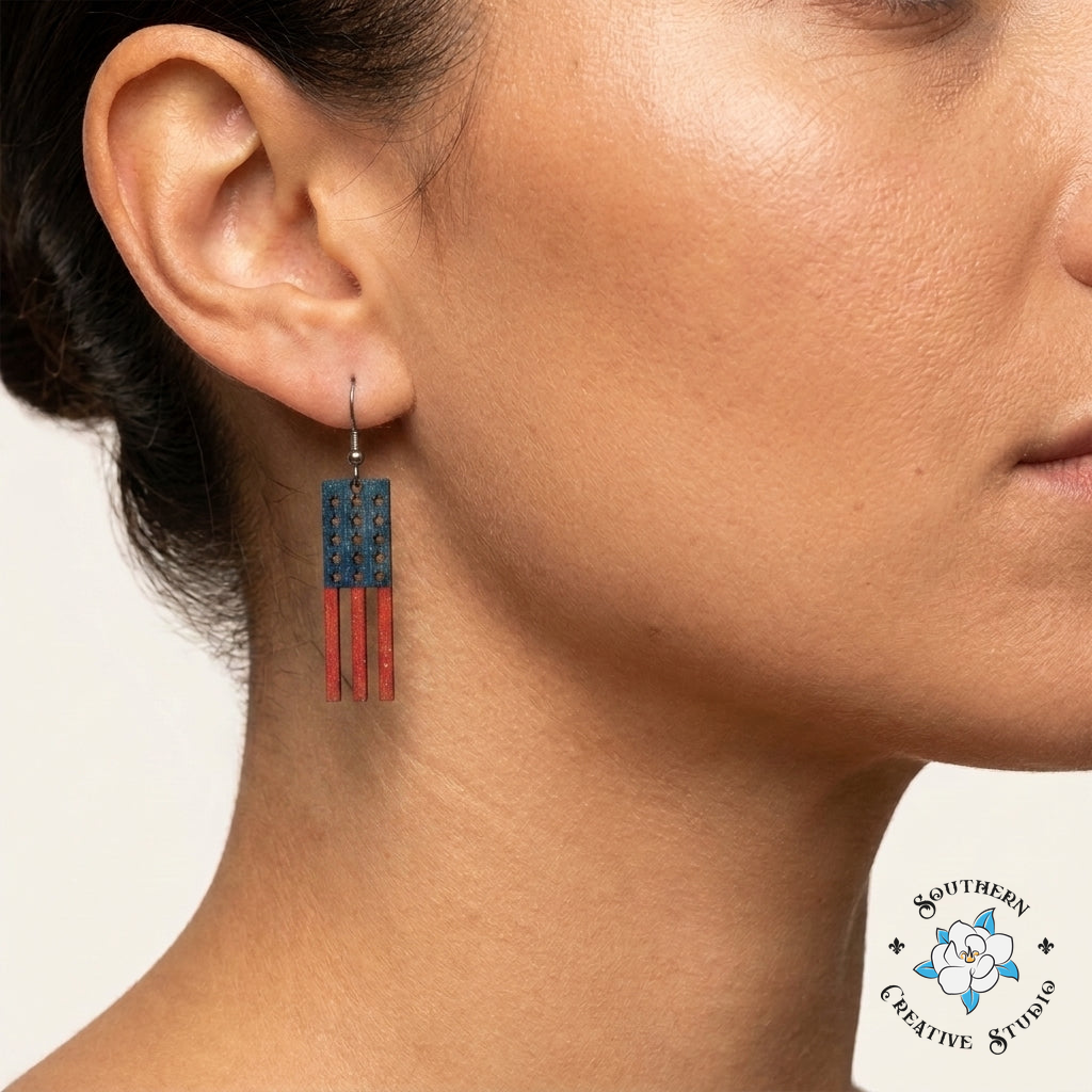 USA Flag Fringe Earrings close-up on ear – patriotic handmade jewelry