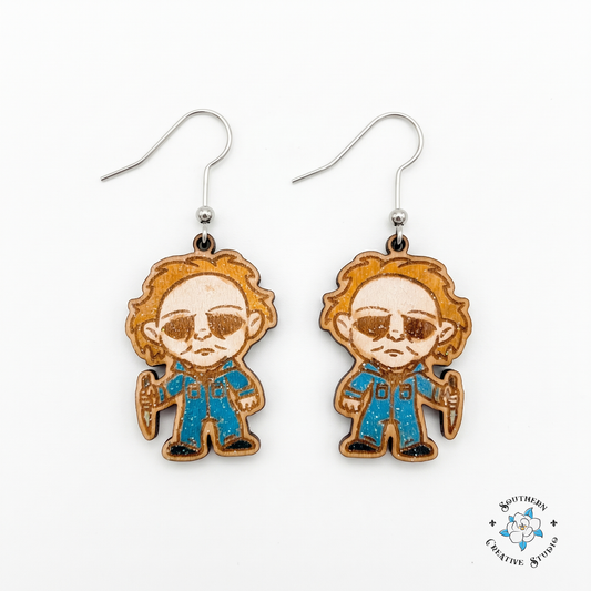 Masked slasher chibi hand-painted wood dangle earrings on white background