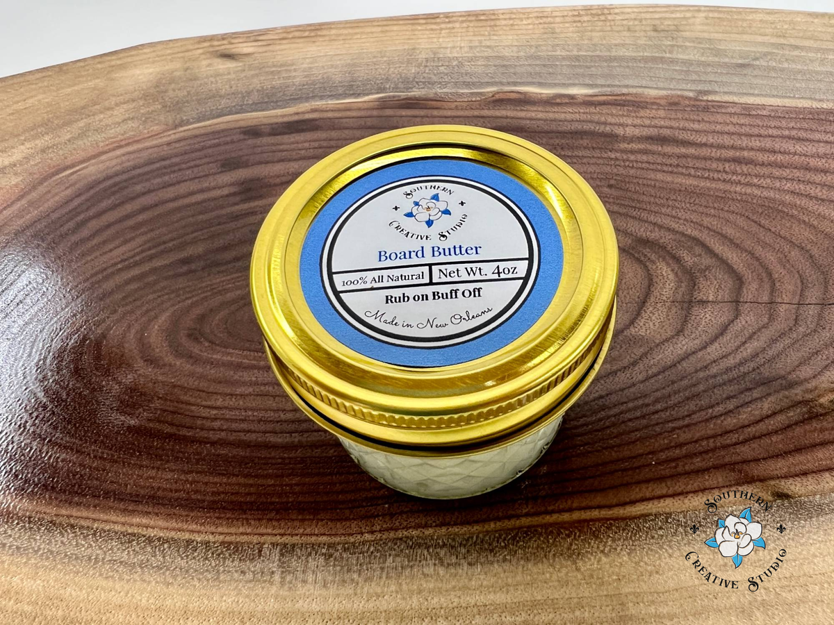 Board Butter label close-up, 100% all natural, rub on buff off, made in New Orleans