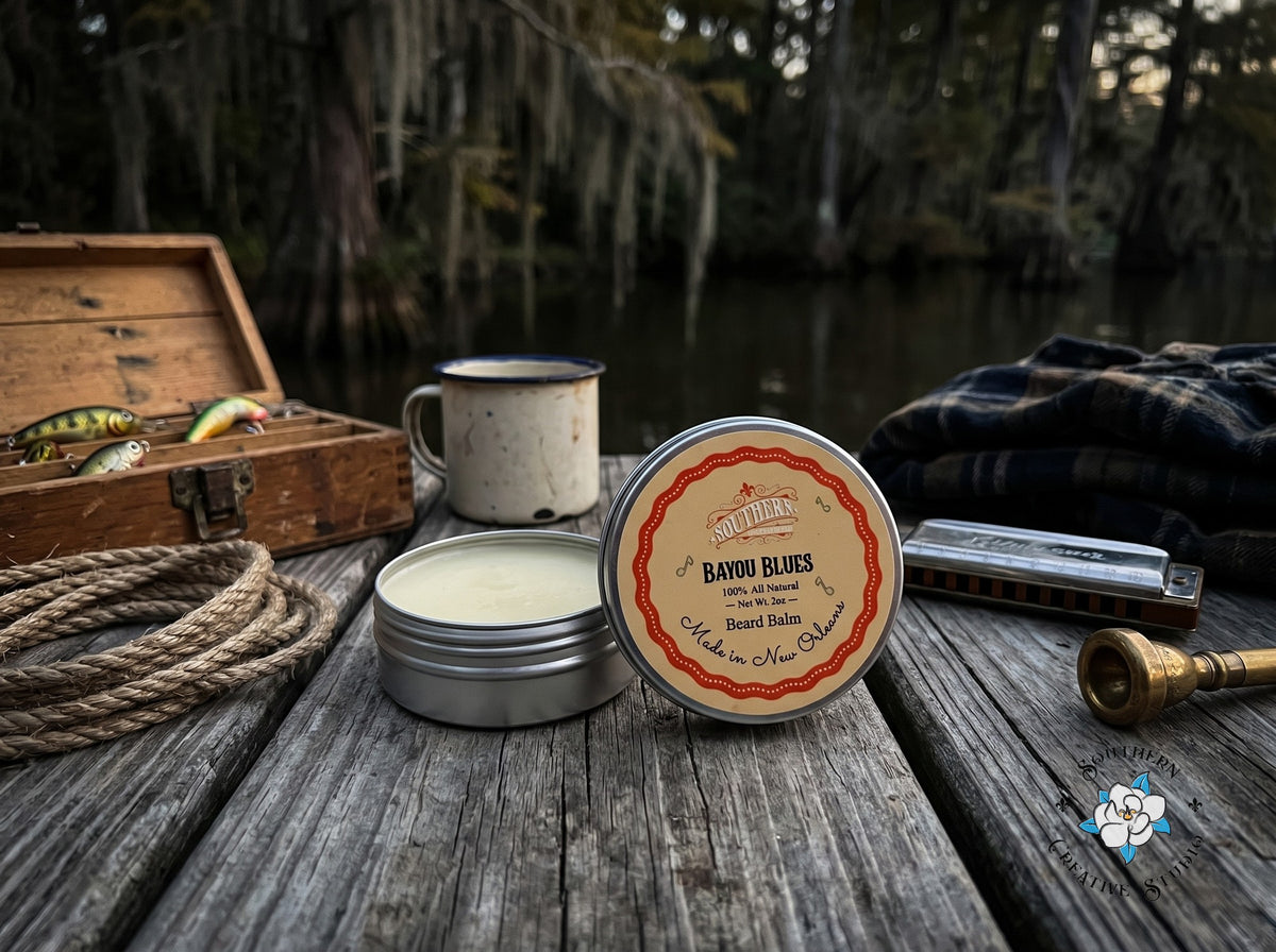 Bayou Blues beard balm by Southern Creative Studio, open tin and lid with a Louisiana bayou dock with fishing tackle, rope, harmonica and a trumpet mouthpiece