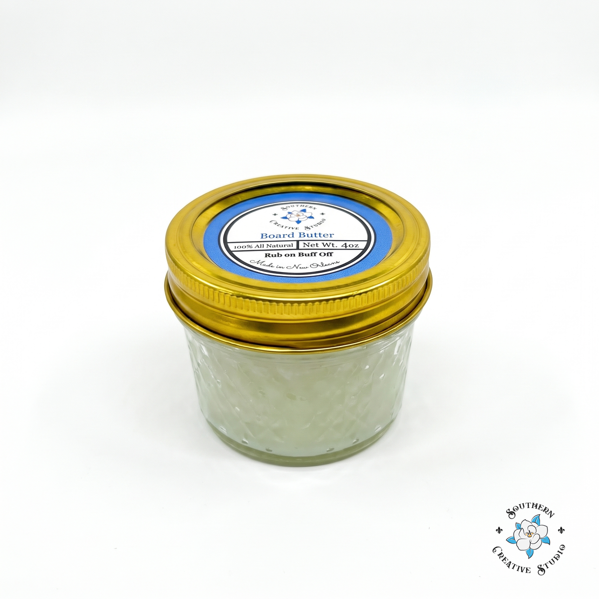 Southern Creative Studio Board Butter 4 oz all-natural wood conditioner jar on white