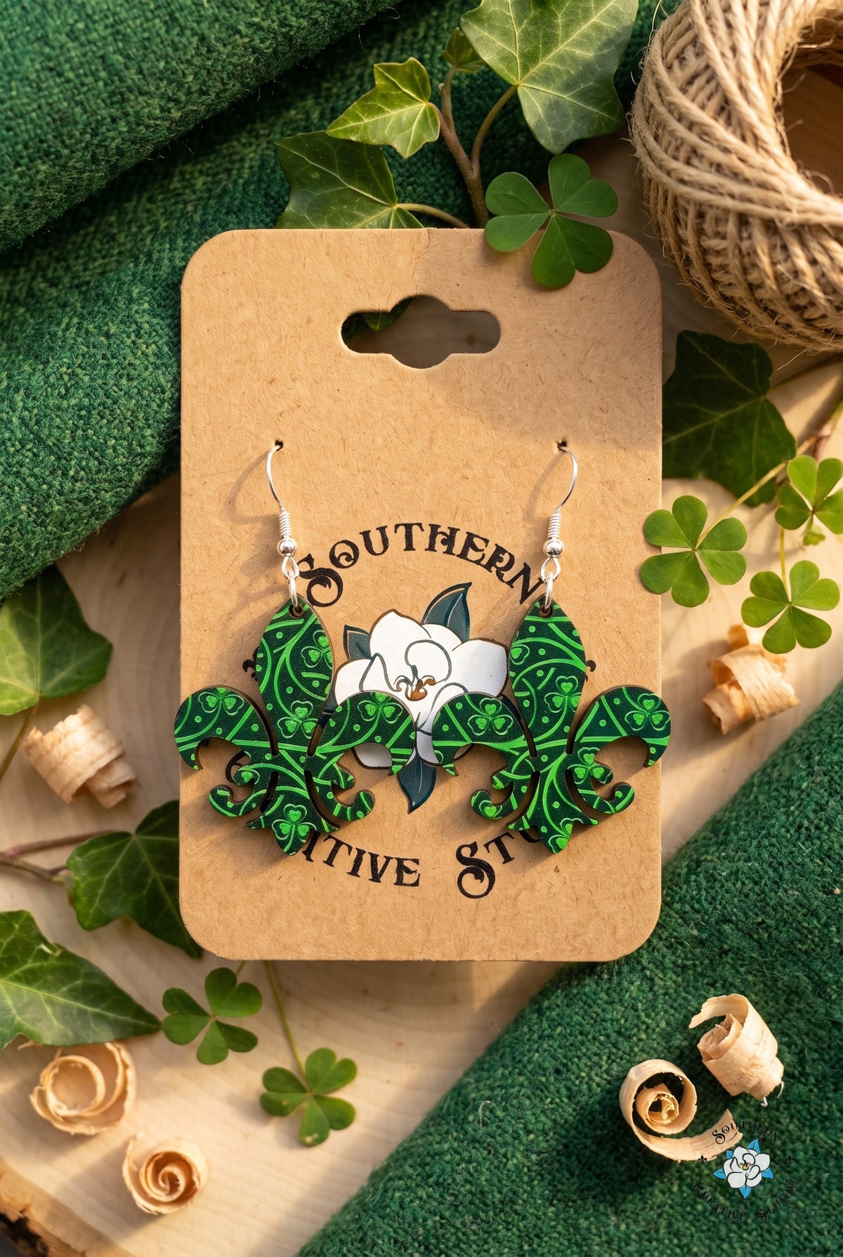 Celtic knot fleur-de-lis earrings on card in a tweed and ivy flat lay