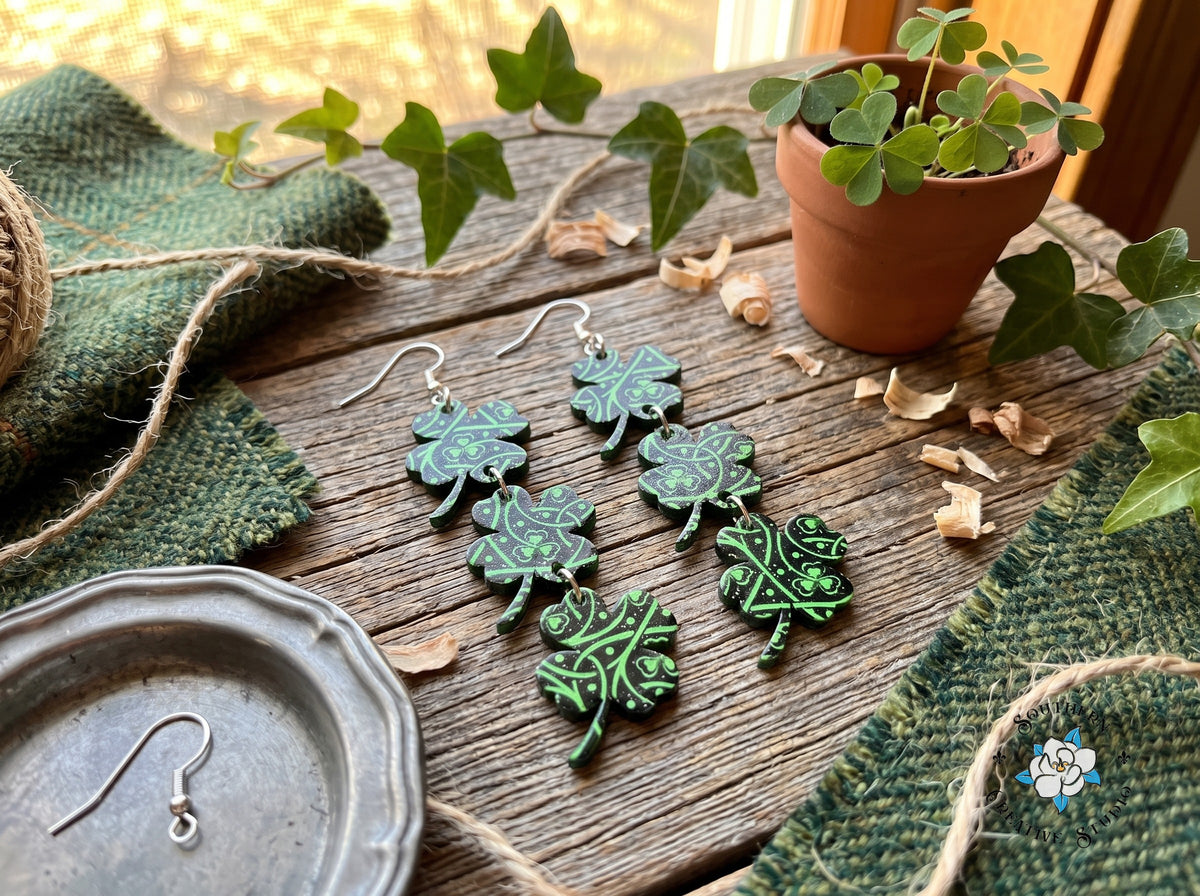 Celtic knot clover dangle earrings styled with tweed, ivy and shamrocks