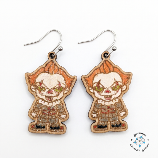 Hand-painted wood creepy clown dangle earrings on white background