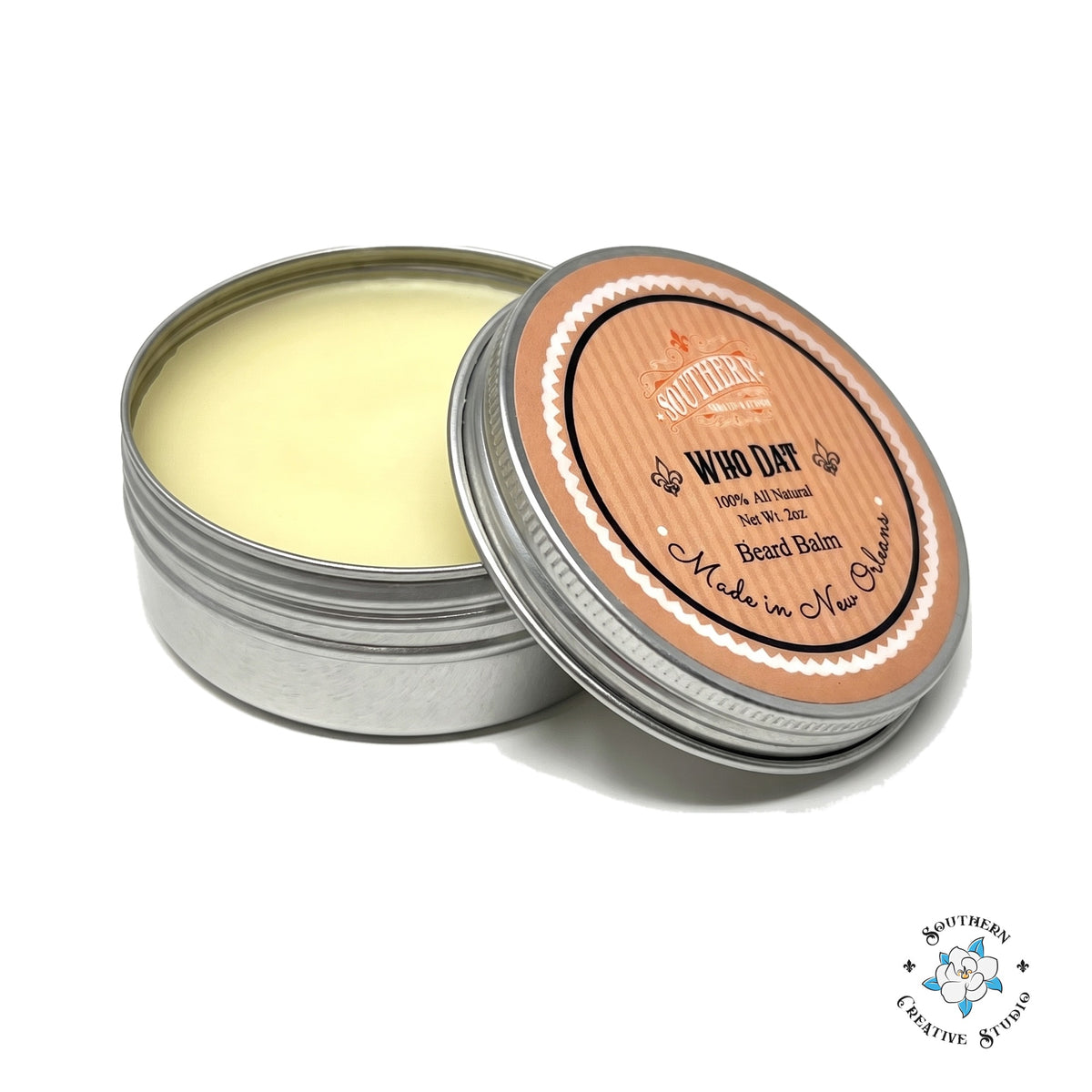 Southern Creative Studio WhoDat beard balm, open 2 oz tin with lid on white background