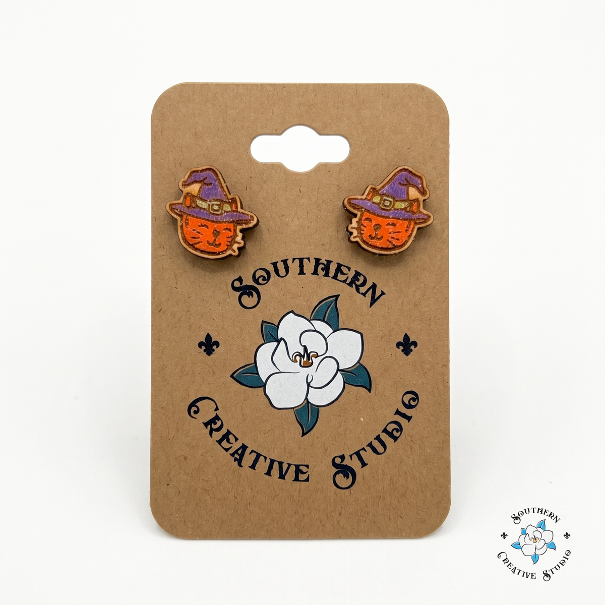 Witch cat stud earrings on Southern Creative Studio hang card