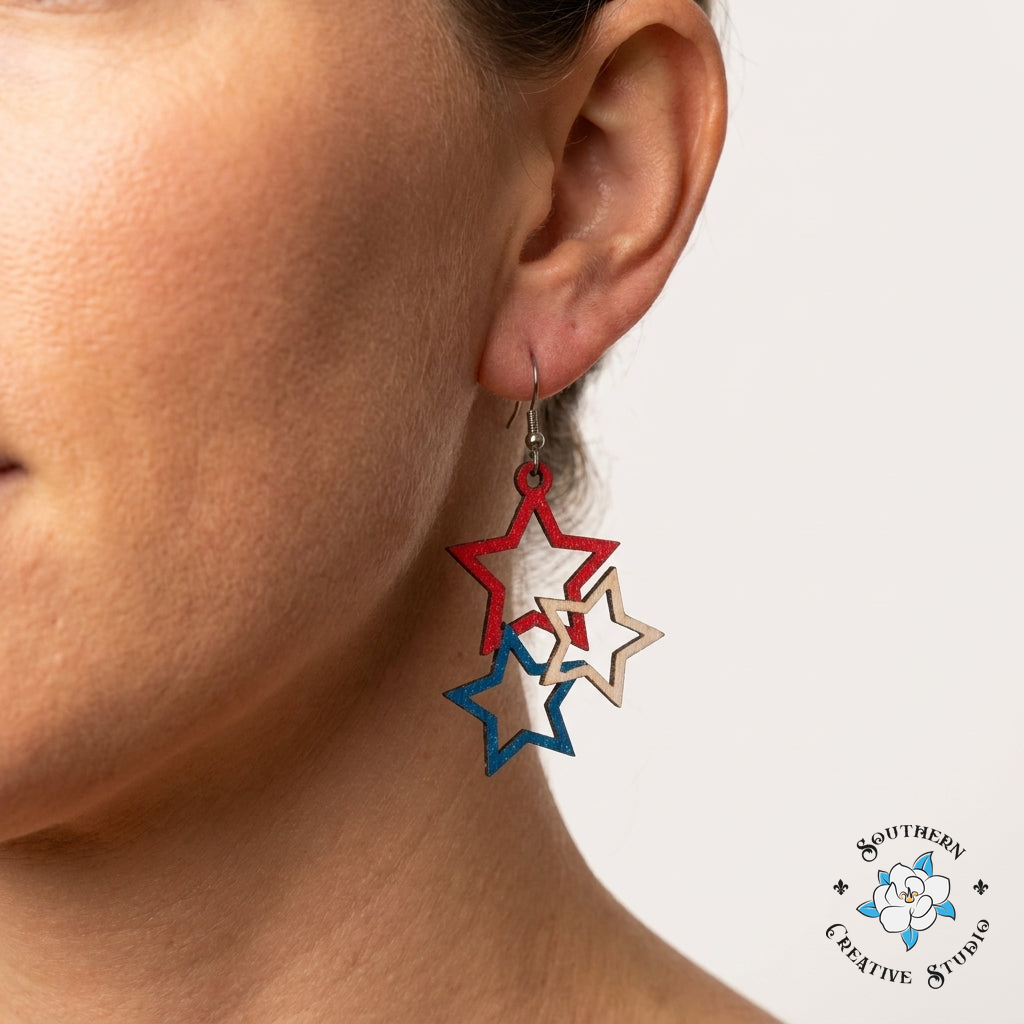 Red White & Blue Star Cluster Earrings close-up on ear – Southern Creative Studio