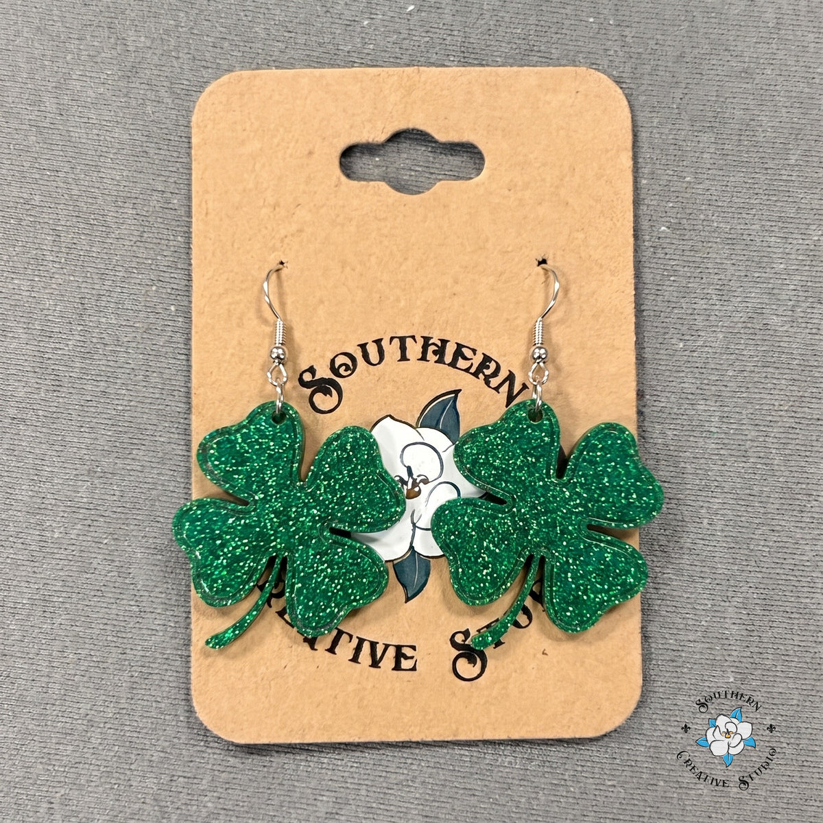Four leaf clover earrings on a Southern Creative Studio earring card