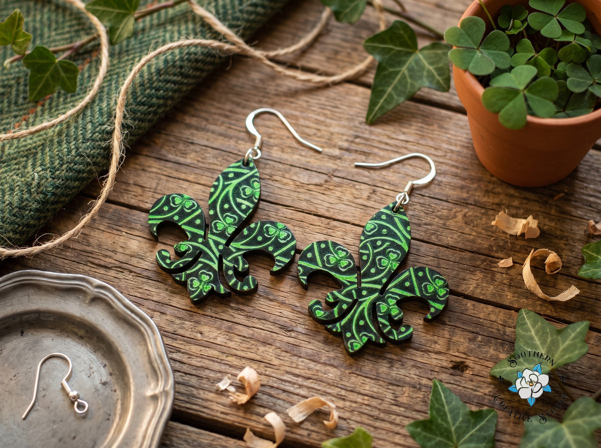 Celtic knot fleur-de-lis earrings styled with tweed, ivy and shamrocks