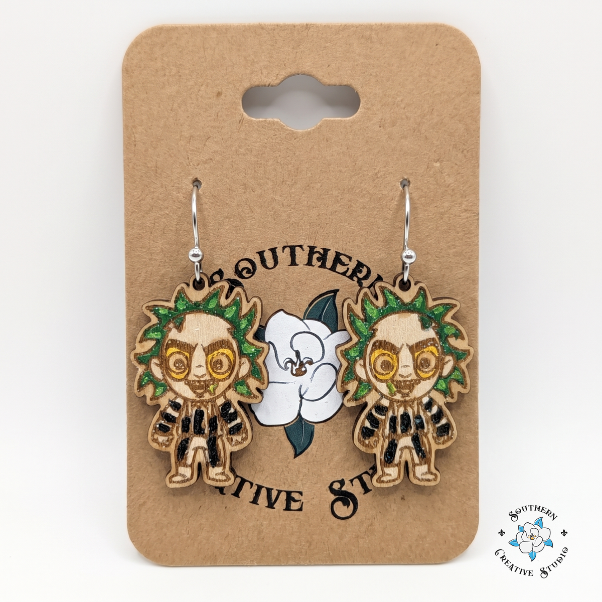Striped suit ghoul earrings on Southern Creative Studio magnolia hang card