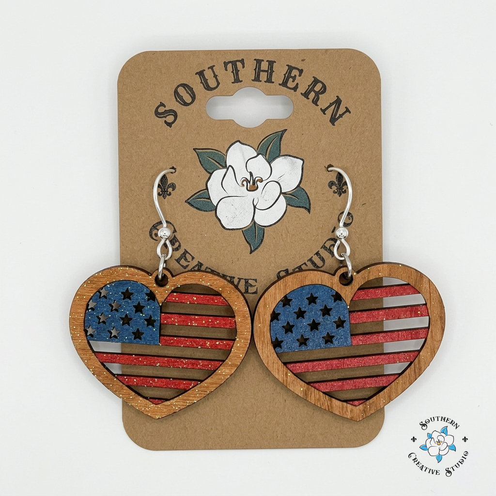 Patriotic heart flag wood earrings on Southern Creative Studio magnolia card