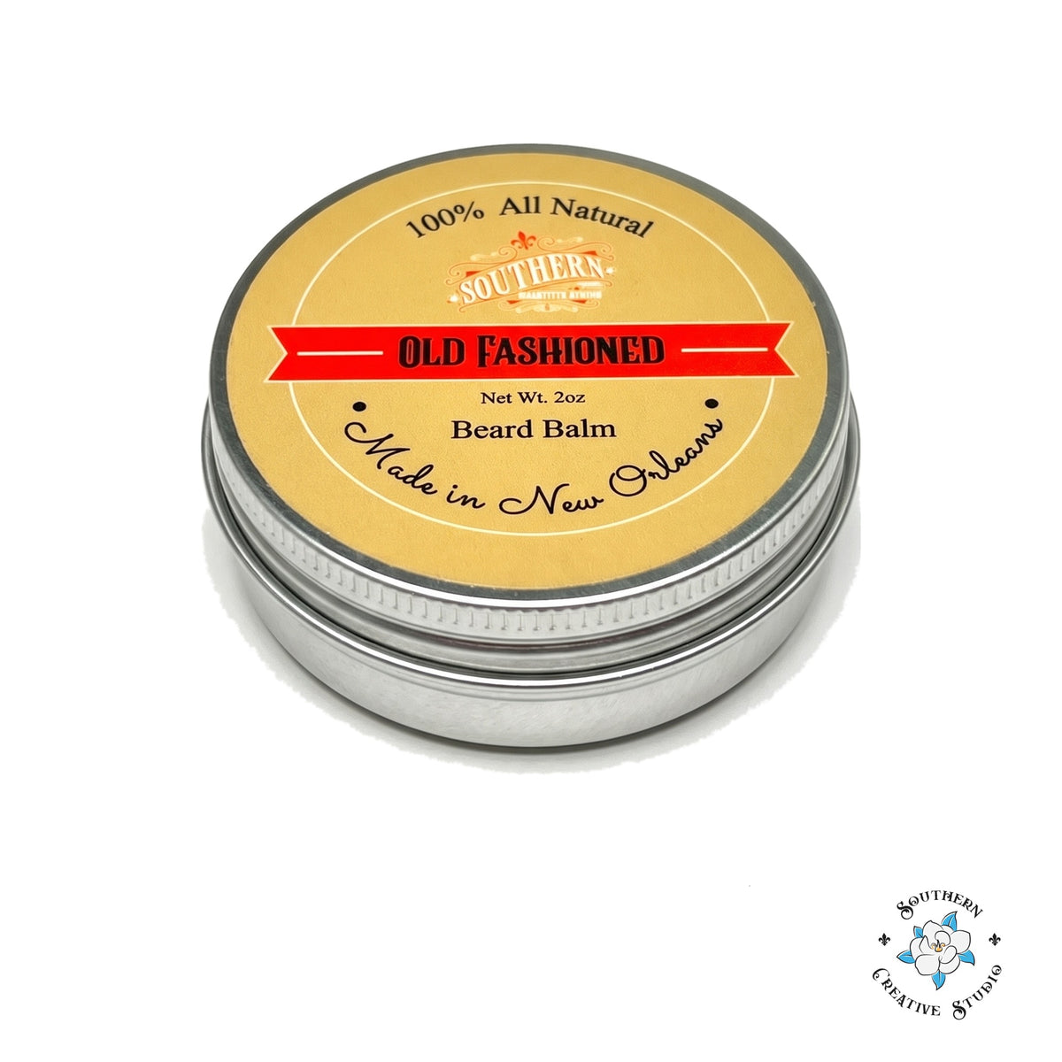 Old Fashioned beard balm 2 oz tin with lid on, white background