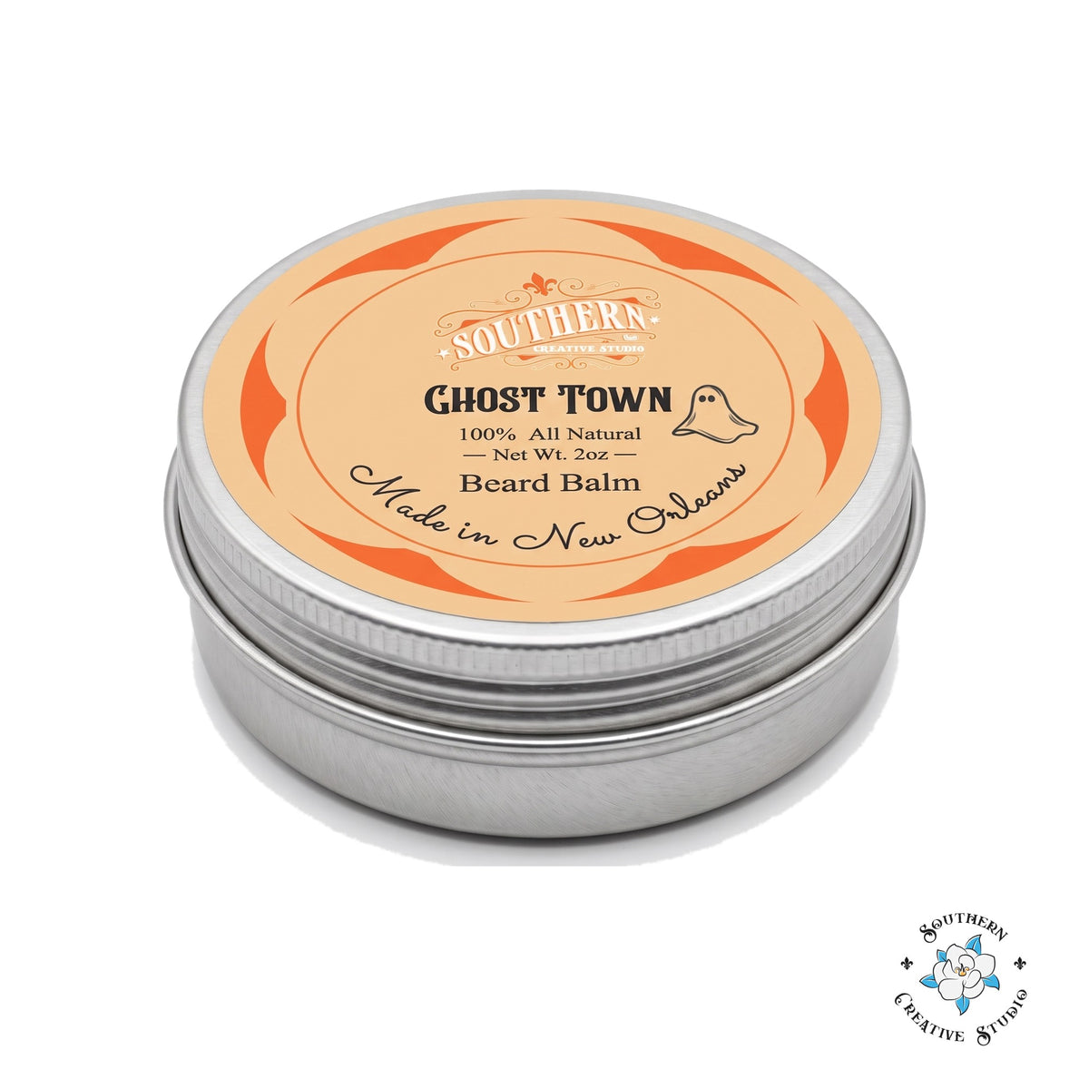 Ghost Town beard balm 2 oz tin with lid on, white background