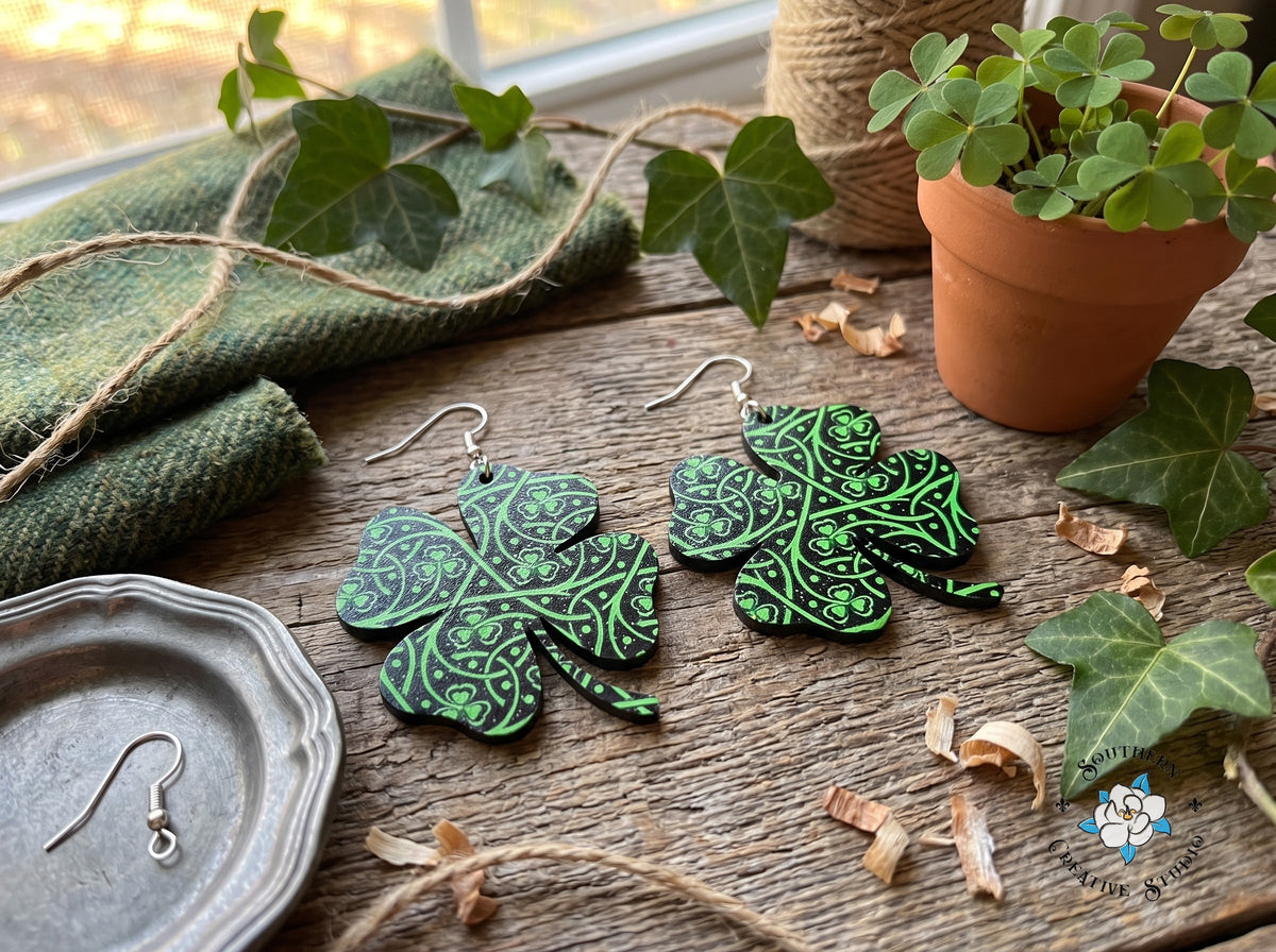 Celtic knot clover earrings styled with tweed, ivy and shamrocks