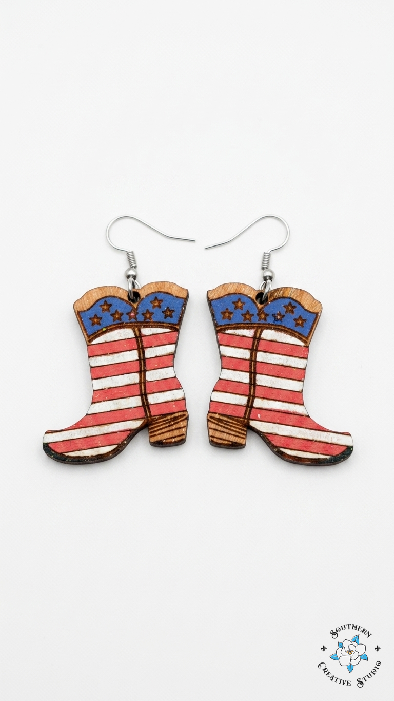American Flag Cowboy Boot Earrings hand-painted wood – Southern Creative Studio product shot