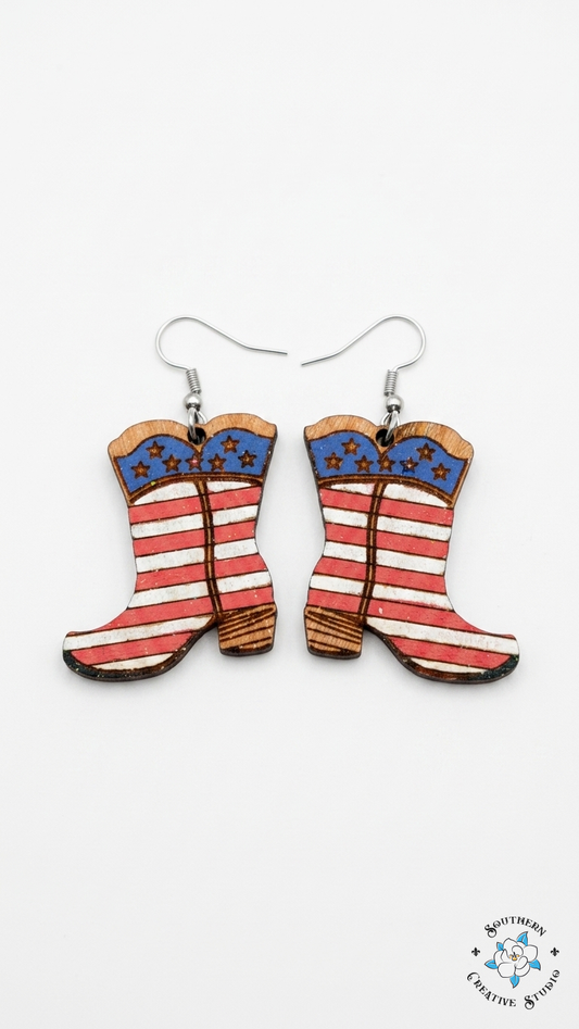 American Flag Cowboy Boot Earrings hand-painted wood – Southern Creative Studio product shot