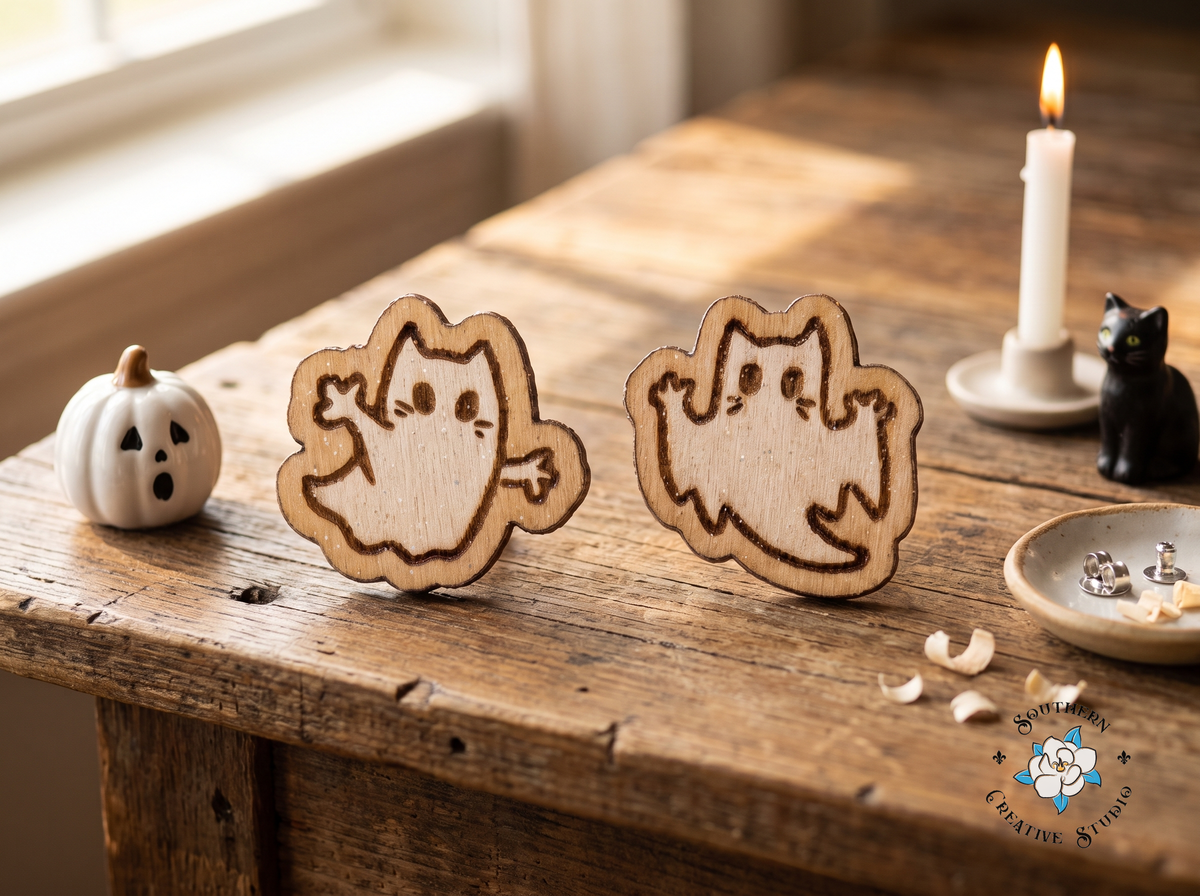 Ghost cat wood stud earrings with ghost pumpkin and black cat figurine