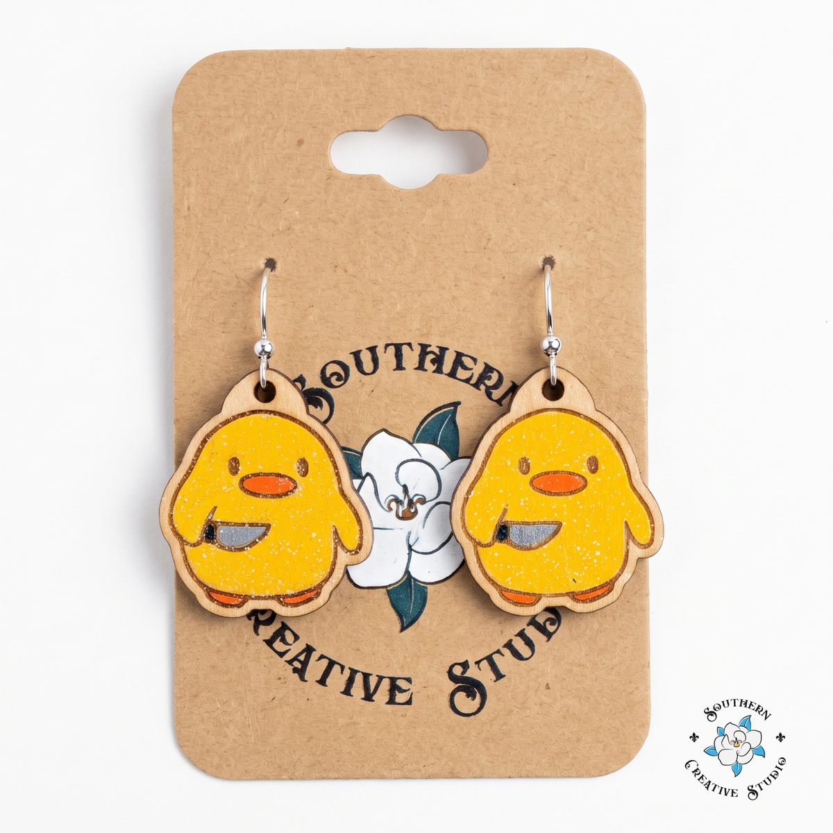 Cute duck with knife wood earrings on Southern Creative Studio magnolia card