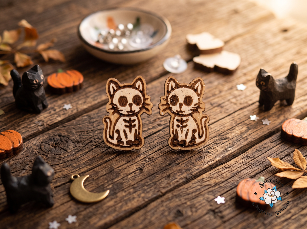 Skeleton cat wood stud earrings with black cat and ghost figurines on rustic table