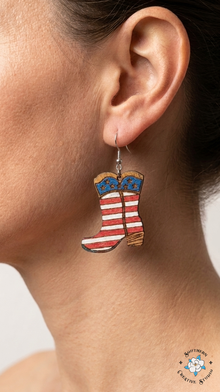 American Flag Cowboy Boot Earrings close-up on ear – Southern Creative Studio