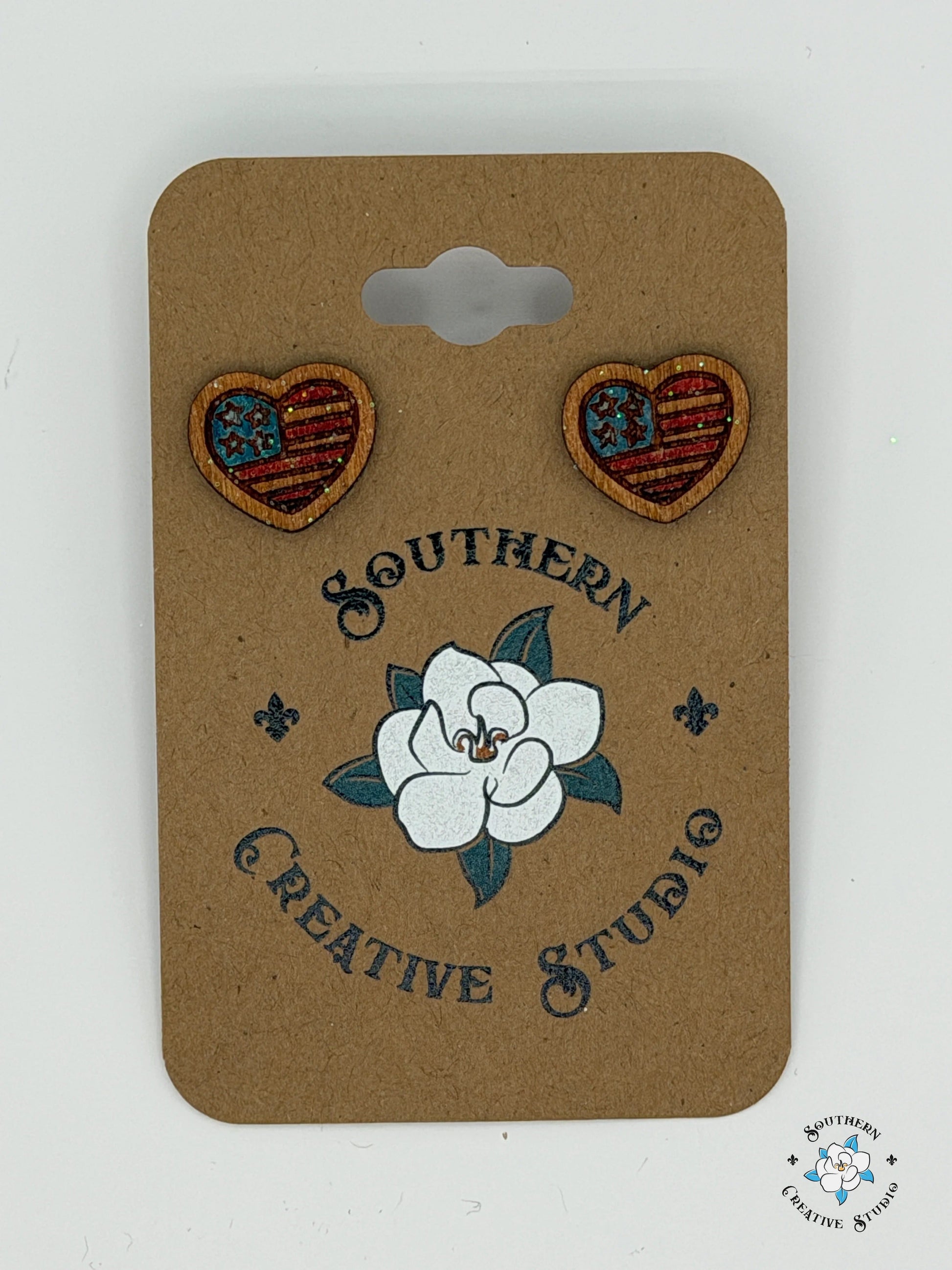 American Flag Heart Stud Earrings on Southern Creative Studio wood card – hand-painted flag design