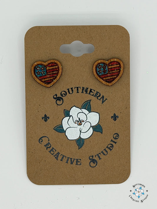 American Flag Heart Stud Earrings on Southern Creative Studio wood card – hand-painted flag design