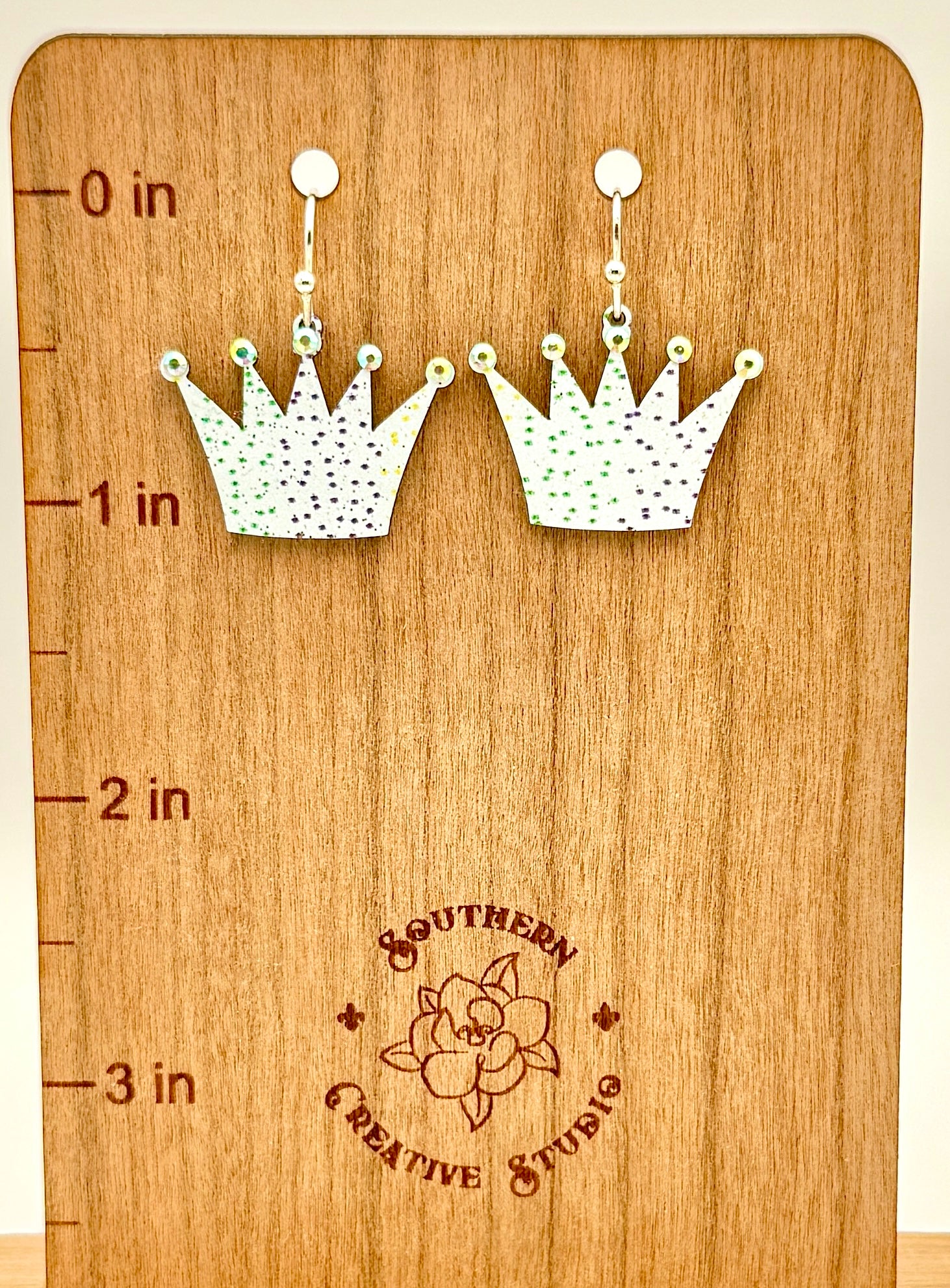 Mardi Gras Crown Earrings, handmade by Southern Creative Studio in New Orleans – alternate angle