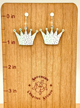 Load image into Gallery viewer, Mardi Gras Crown Earrings – Handmade in New Orleans | Jeweled White Crown with Purple, Green &amp; Gold Accents | Stainless Steel, Lightweight &amp; Hypoallergenic Jewelry