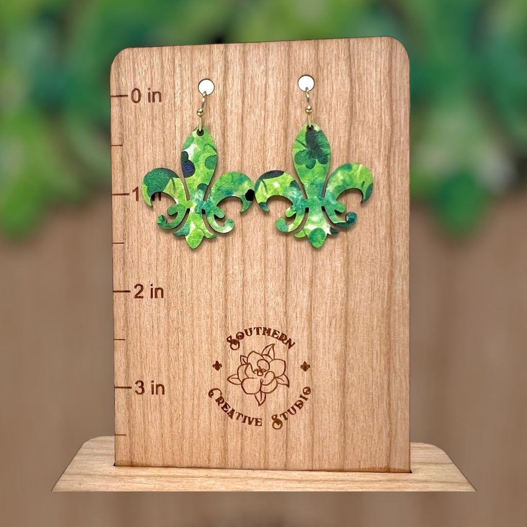 St. Patrick's Fleur dis lis Clover Earring, handmade by Southern Creative Studio in New Orleans – detail