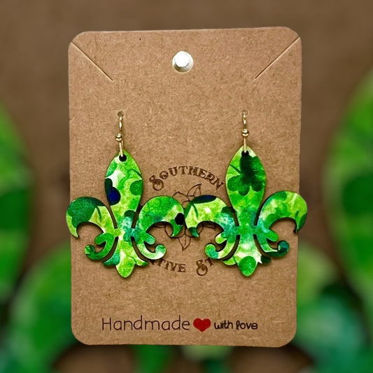 St. Patrick's Fleur dis lis Clover Earring, handmade by Southern Creative Studio in New Orleans